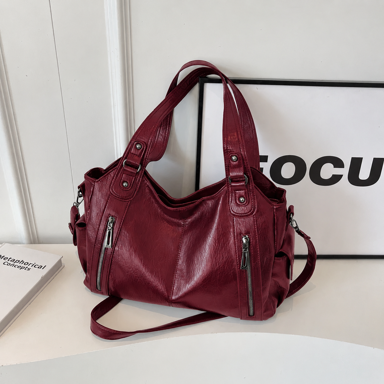 Leather Shoulder Bag with Side Zip Pockets and Stud Handles