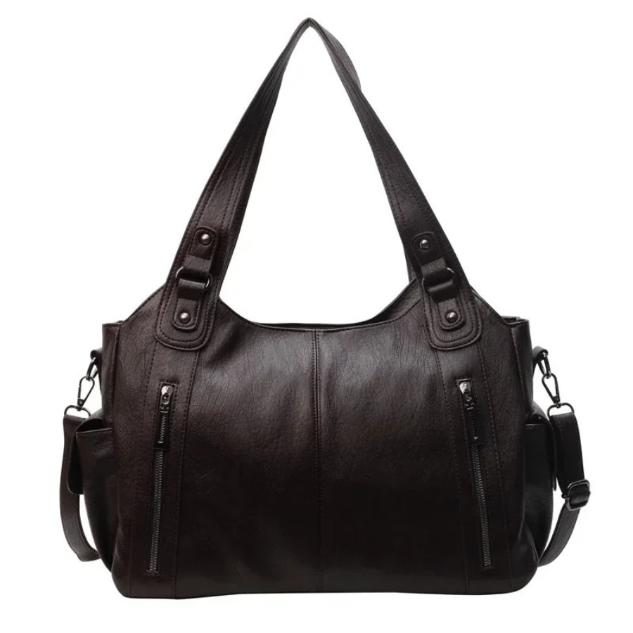 Leather Shoulder Bag with Side Zip Pockets and Stud Handles