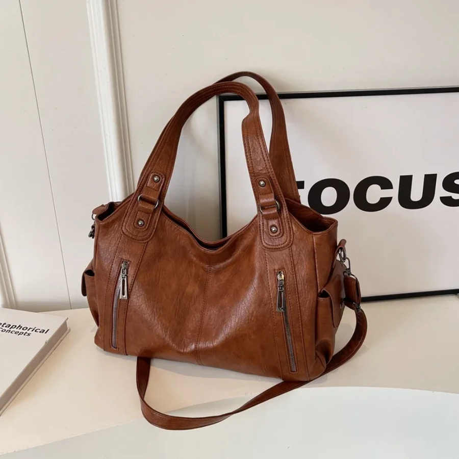 Leather Shoulder Bag with Side Zip Pockets and Stud Handles