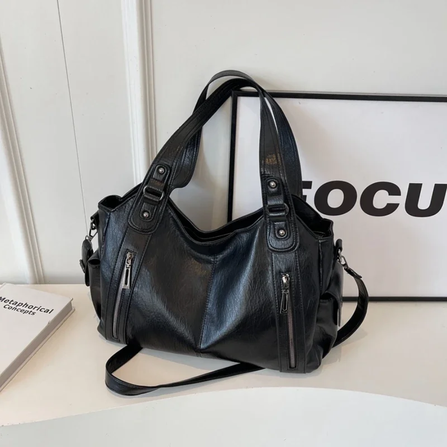 Leather Shoulder Bag with Side Zip Pockets and Stud Handles