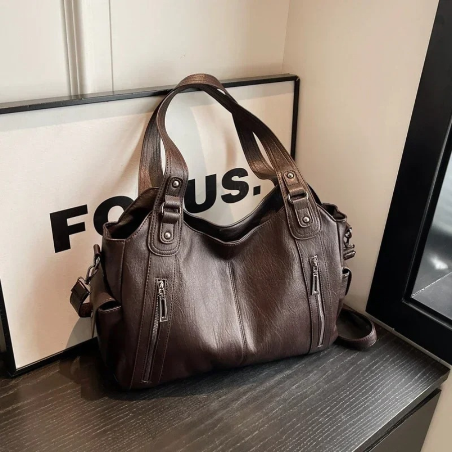 Leather Shoulder Bag with Side Zip Pockets and Stud Handles