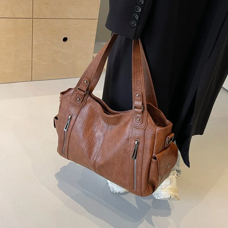 Leather Shoulder Bag with Side Zip Pockets and Stud Handles