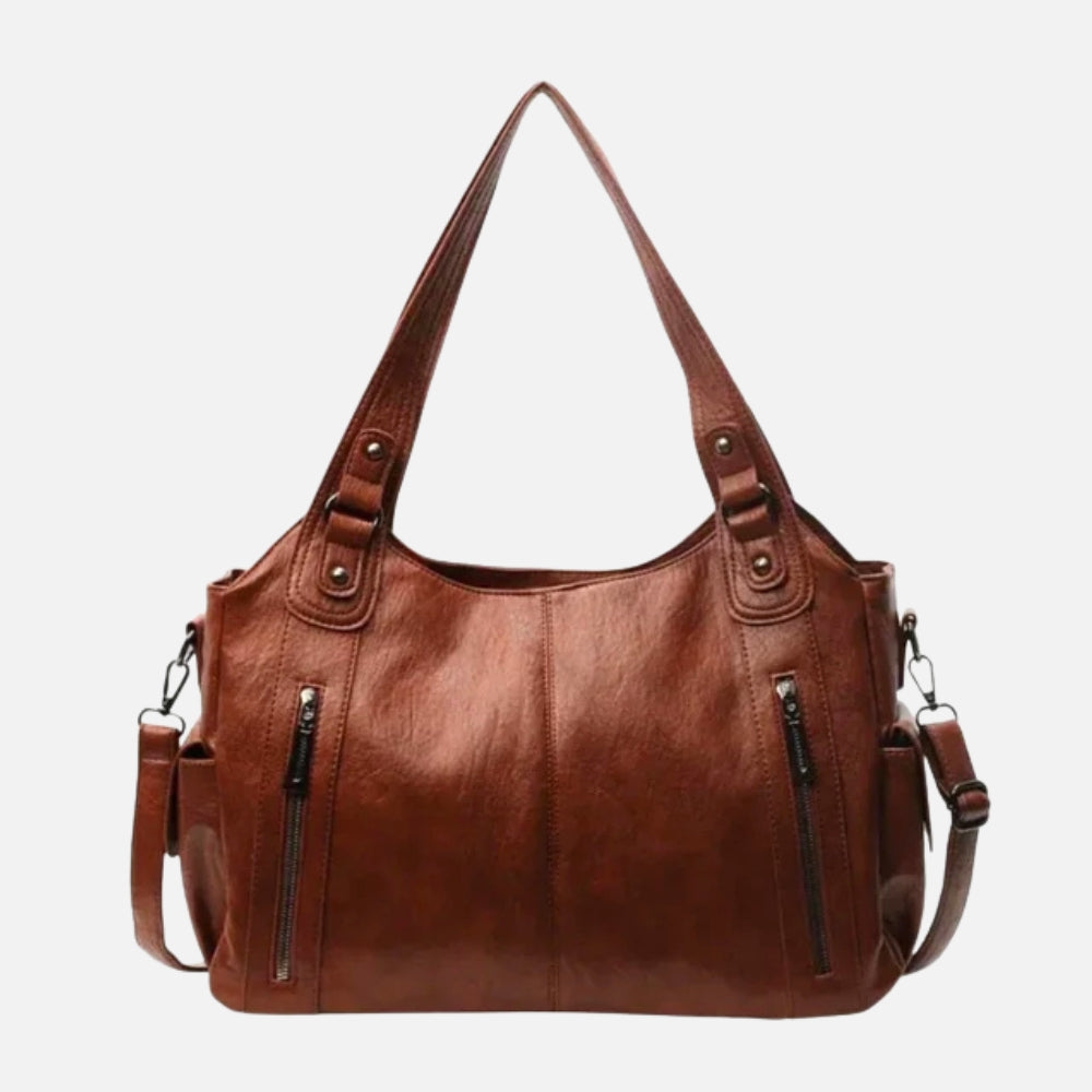 Leather Shoulder Bag with Side Zip Pockets and Stud Handles