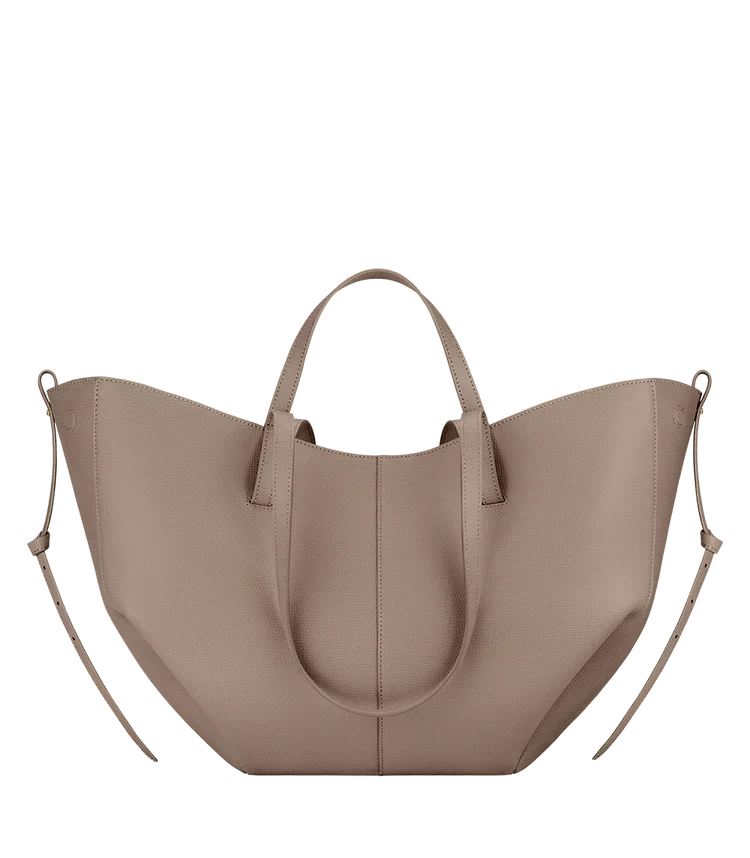 Leather Tote Bag with Gathered Side Ties and Contrast Stitching