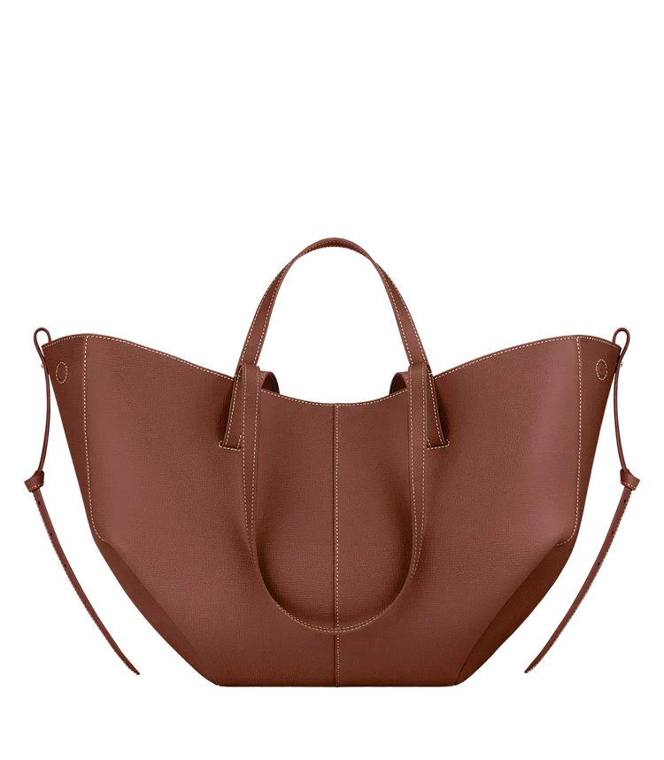 Leather Tote Bag with Gathered Side Ties and Contrast Stitching