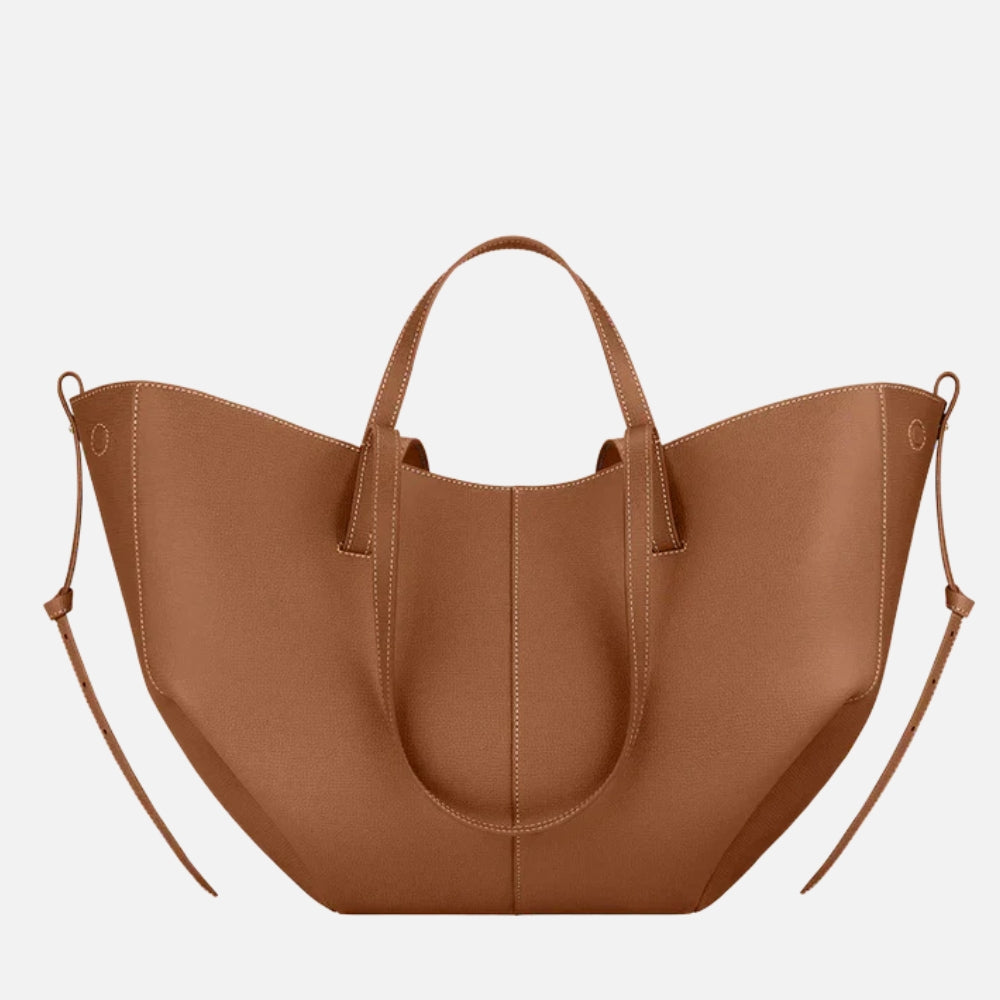 Leather Tote Bag with Gathered Side Ties and Contrast Stitching