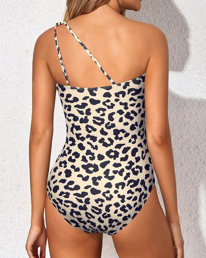 One Shoulder Ruched One Piece Swimsuit with Cutout Detail