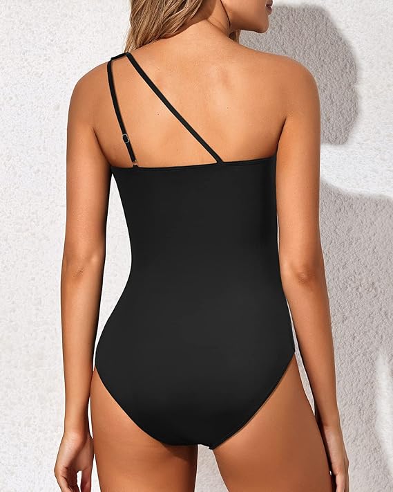 One Shoulder Ruched One Piece Swimsuit with Cutout Detail