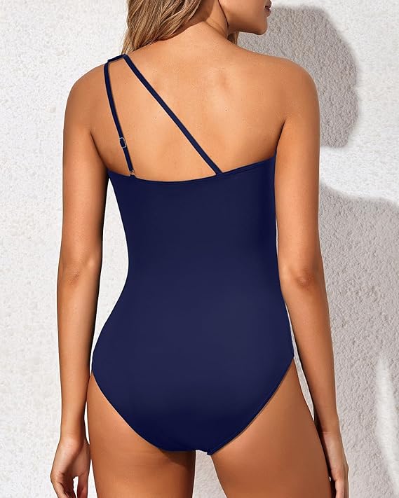 One Shoulder Ruched One Piece Swimsuit with Cutout Detail