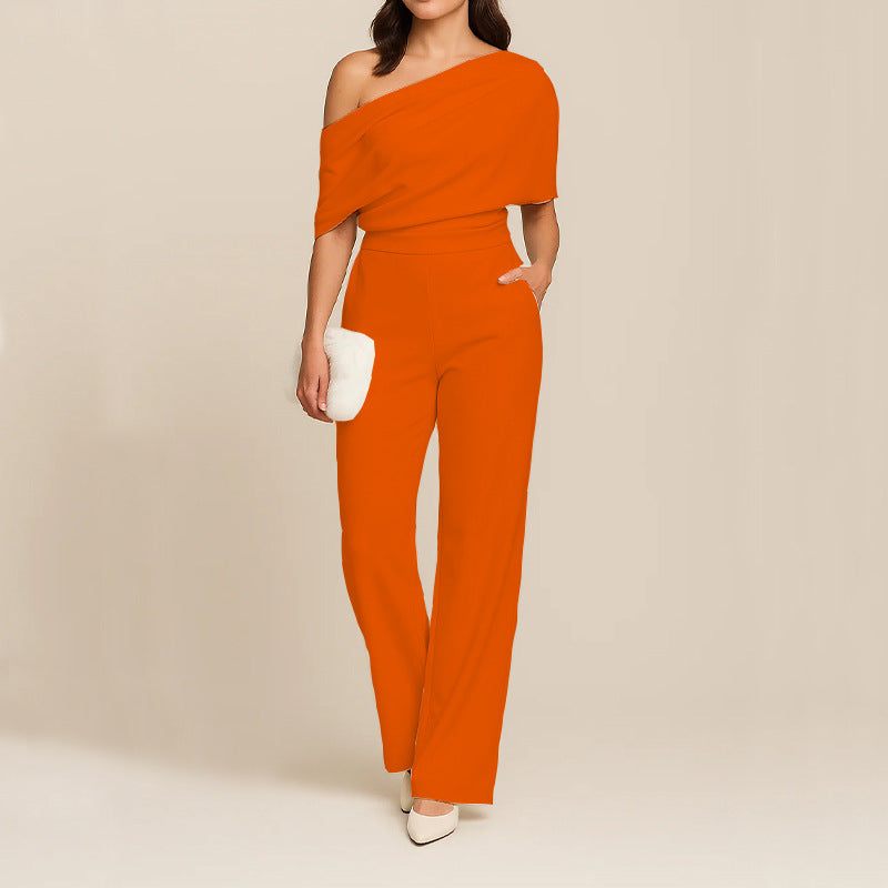 One Shoulder Wide Leg Jumpsuit with Draped Top and Fitted Waist