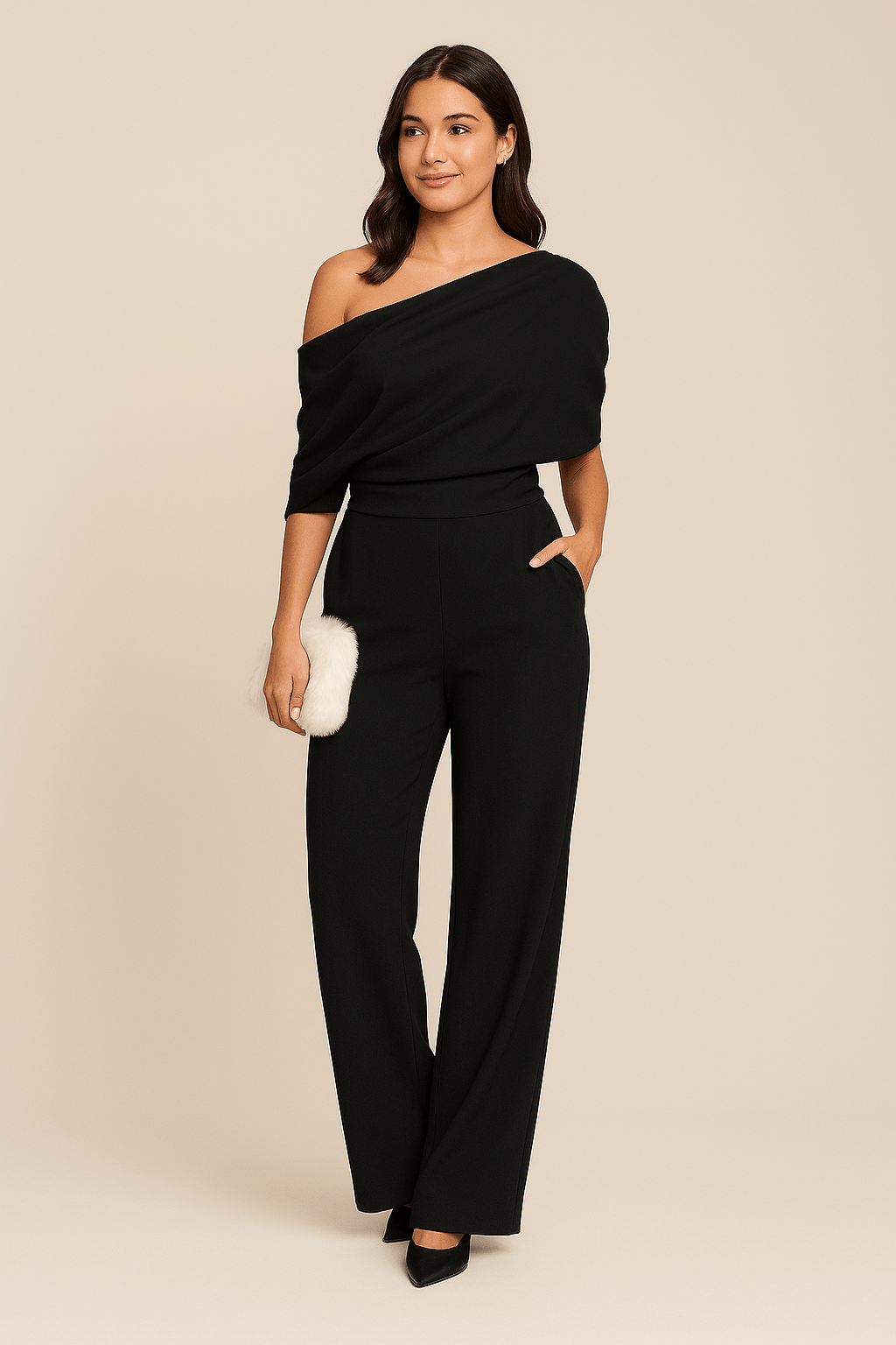 One Shoulder Wide Leg Jumpsuit with Draped Top and Fitted Waist