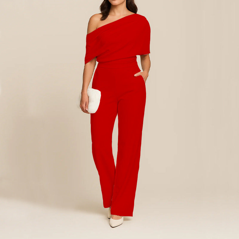 One Shoulder Wide Leg Jumpsuit with Draped Top and Fitted Waist