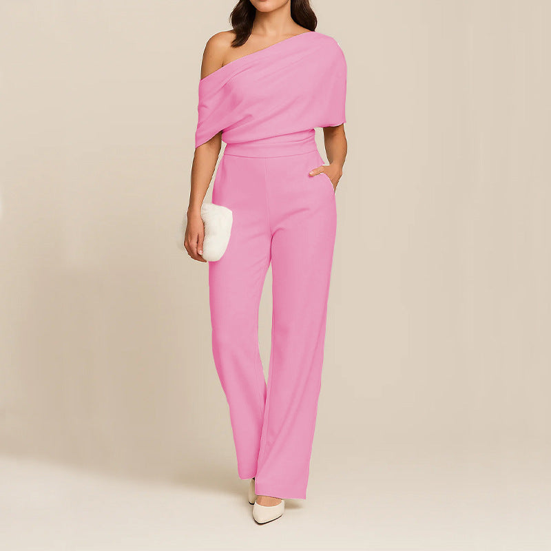 One Shoulder Wide Leg Jumpsuit with Draped Top and Fitted Waist