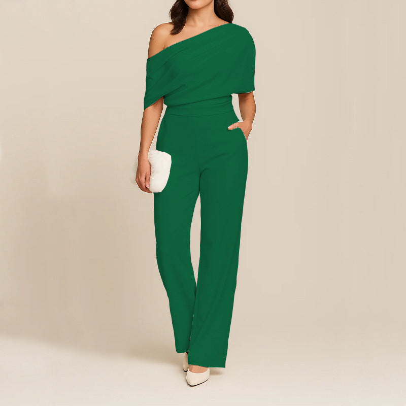 One Shoulder Wide Leg Jumpsuit with Draped Top and Fitted Waist