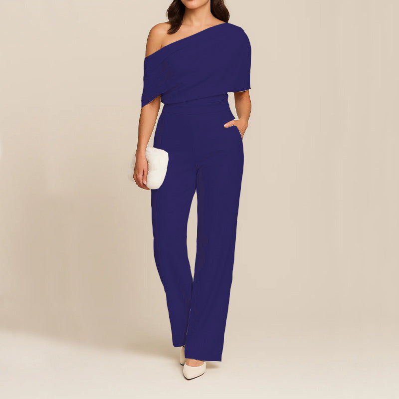 One Shoulder Wide Leg Jumpsuit with Draped Top and Fitted Waist