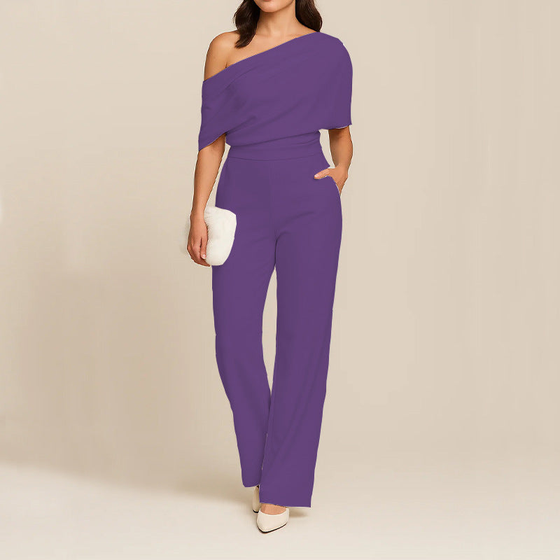 One Shoulder Wide Leg Jumpsuit with Draped Top and Fitted Waist
