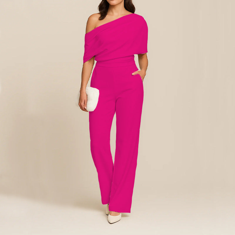 One Shoulder Wide Leg Jumpsuit with Draped Top and Fitted Waist