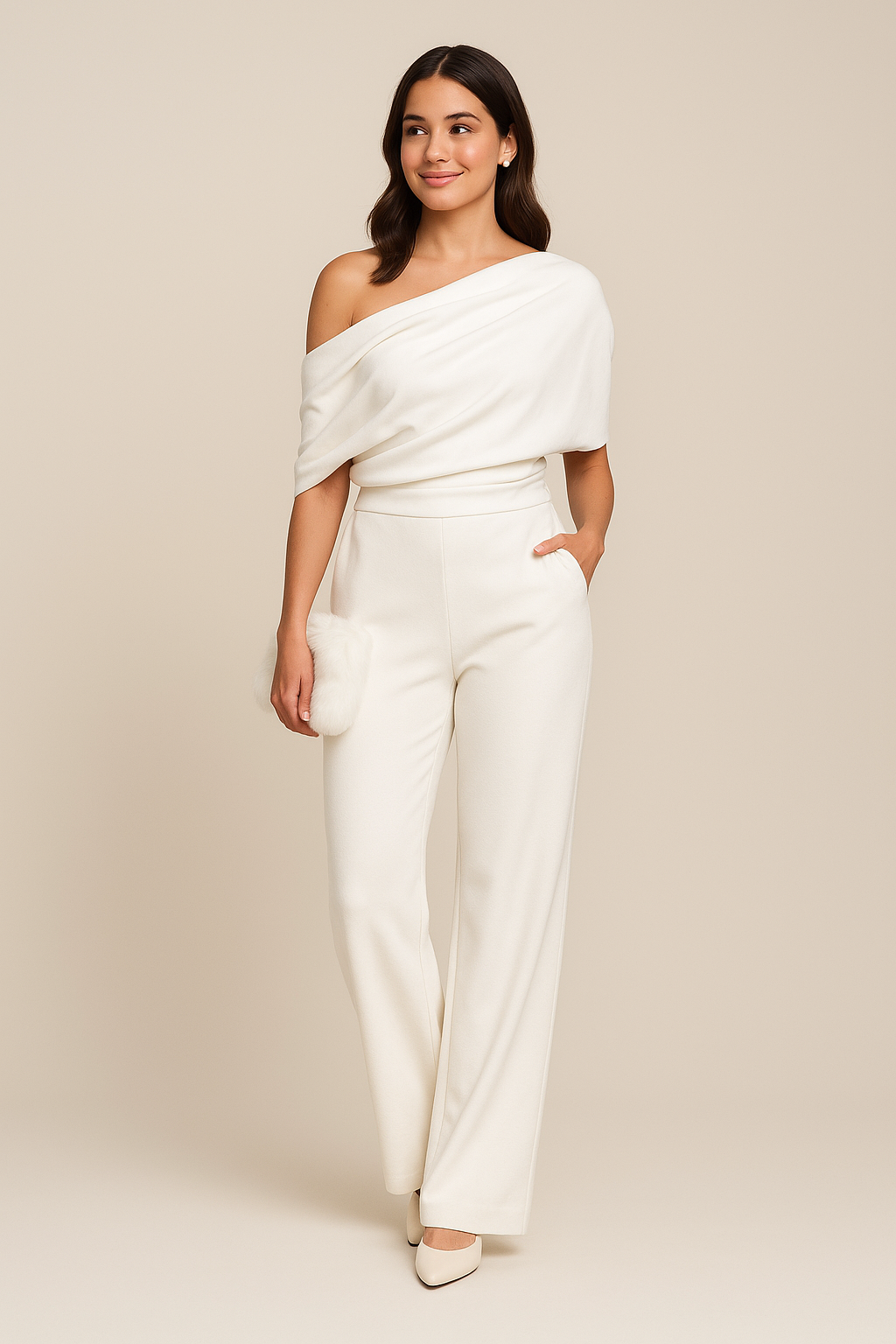 One Shoulder Wide Leg Jumpsuit with Draped Top and Fitted Waist
