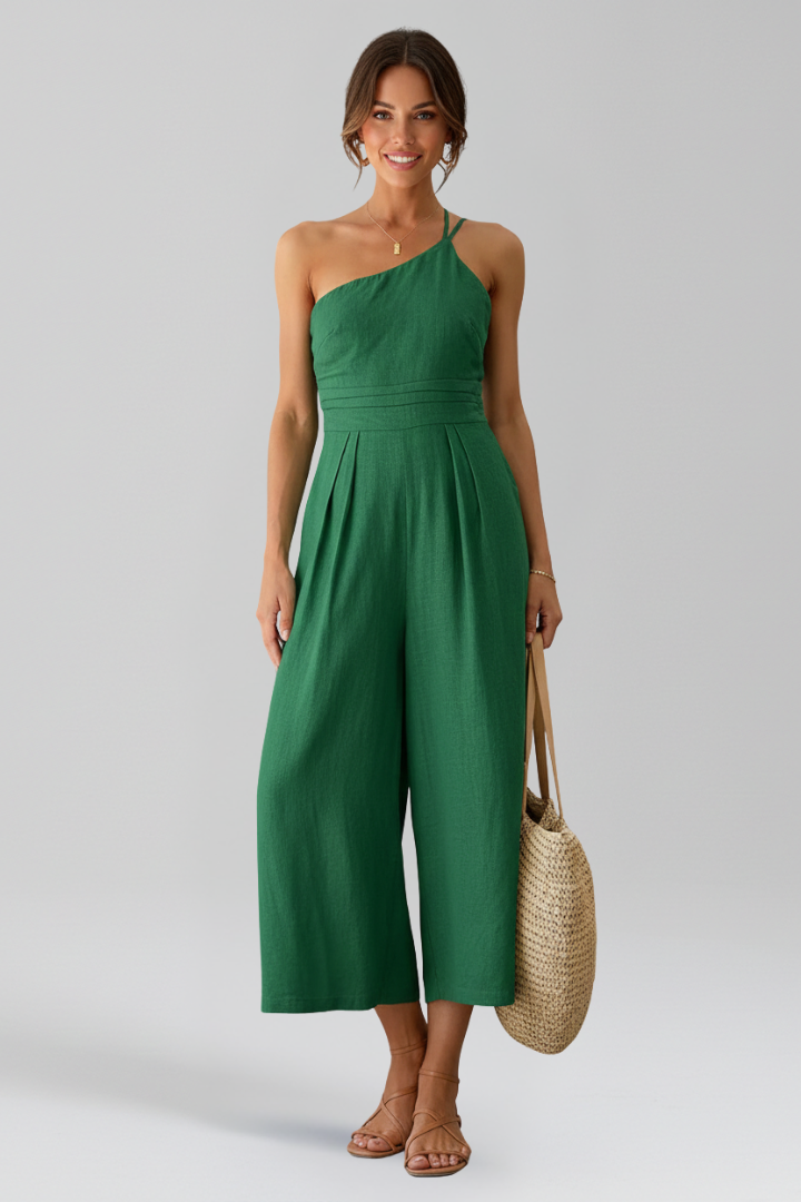 Linen One Shoulder Wide Leg Jumpsuit with Pleated Bodice