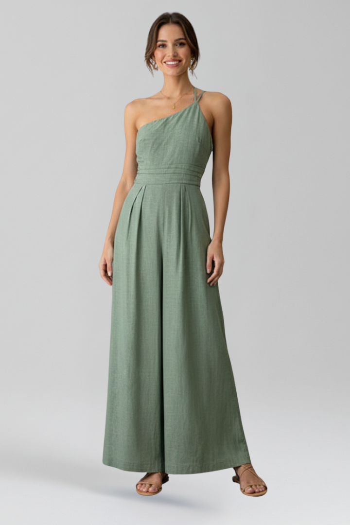 Linen One Shoulder Wide Leg Jumpsuit with Pleated Bodice