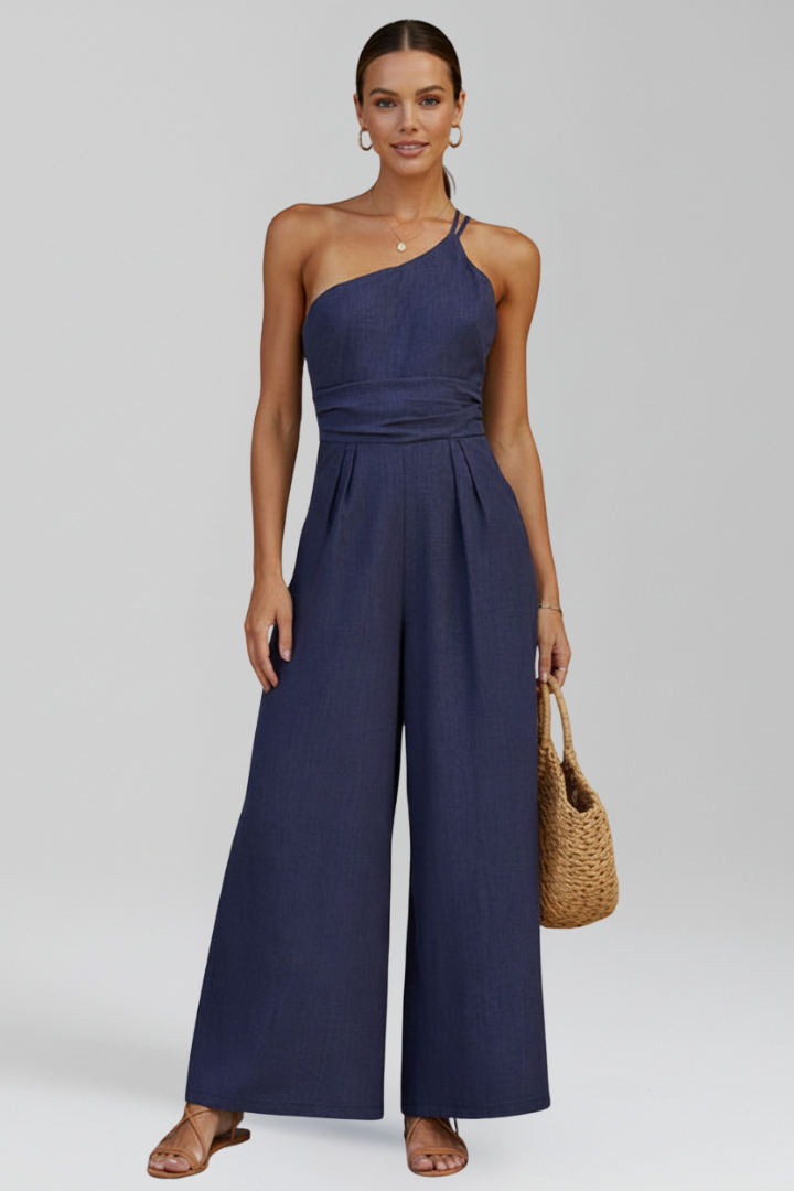 Linen One Shoulder Wide Leg Jumpsuit with Pleated Bodice