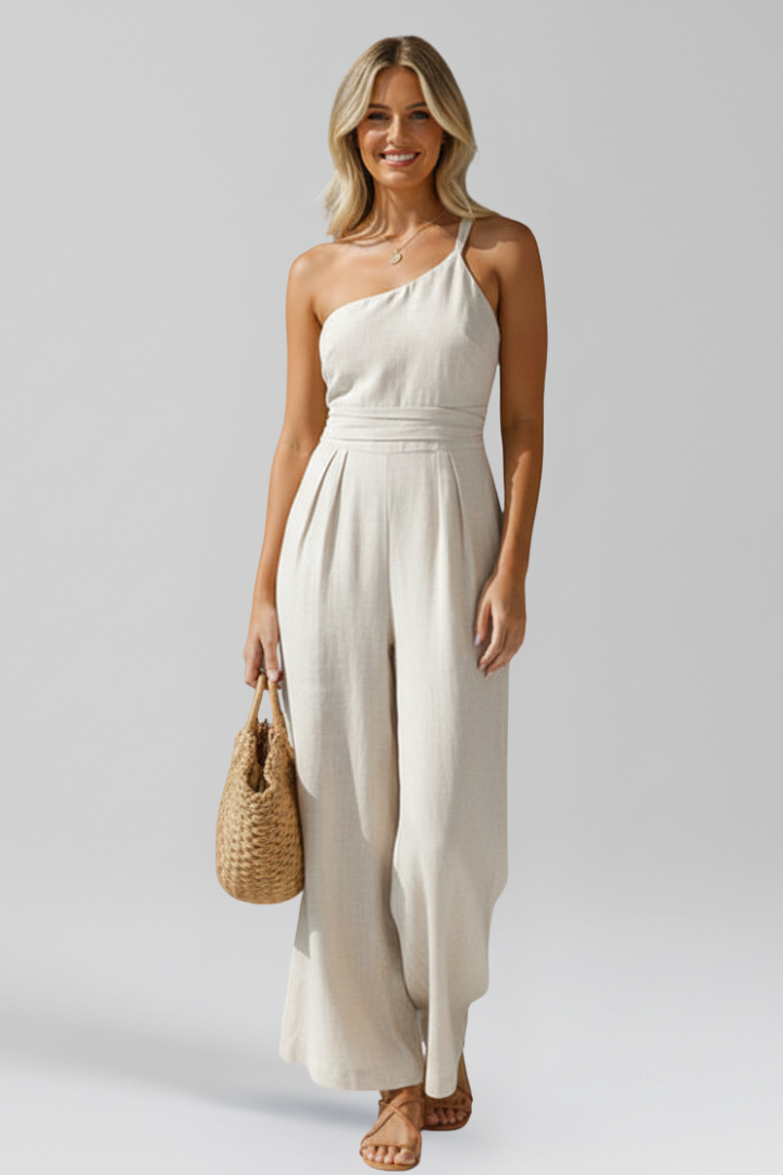 Linen One Shoulder Wide Leg Jumpsuit with Pleated Bodice