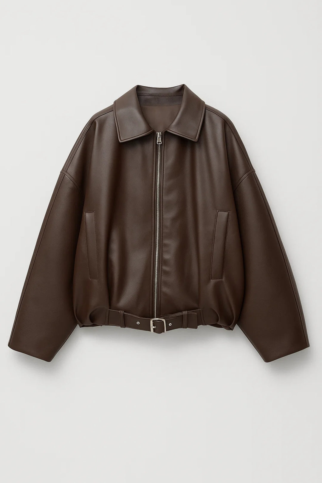 Oversized Leather Jacket with Belt and Zip Front
