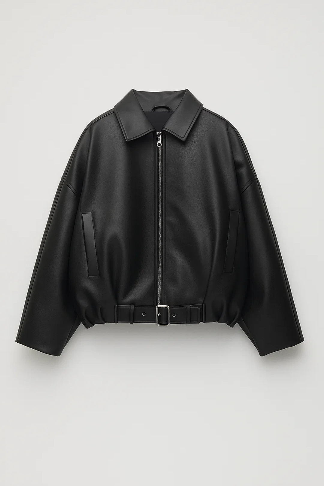 Oversized Leather Jacket with Belt and Zip Front