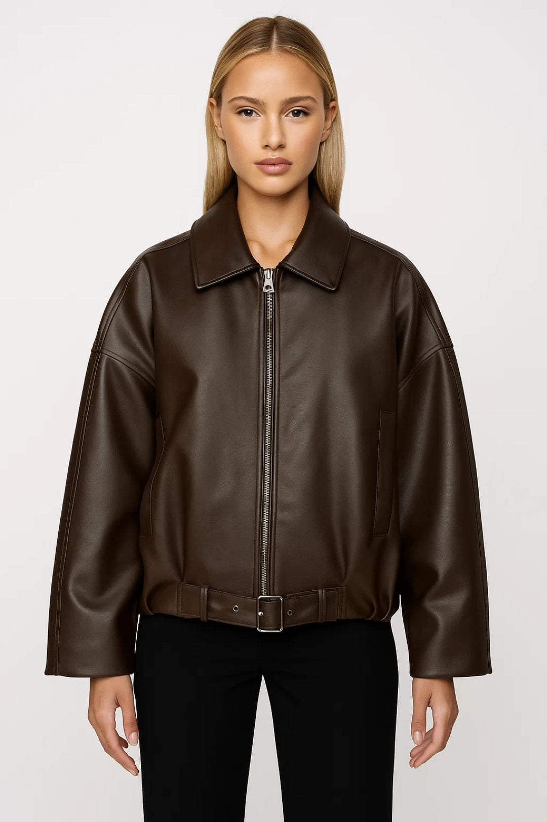 Oversized Leather Jacket with Belt and Zip Front