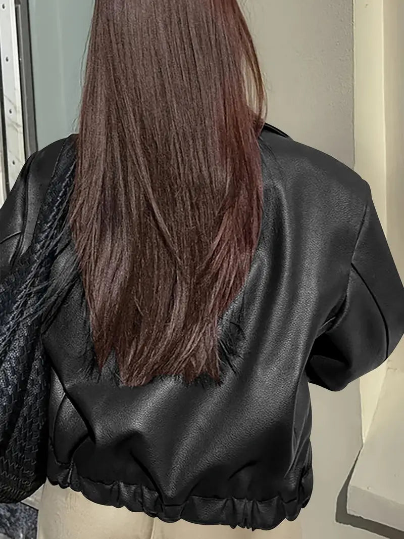 Oversized Leather Jacket with Zip Front and Elasticated Hem