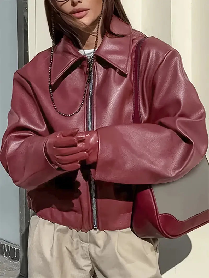 Oversized Leather Jacket with Zip Front and Elasticated Hem