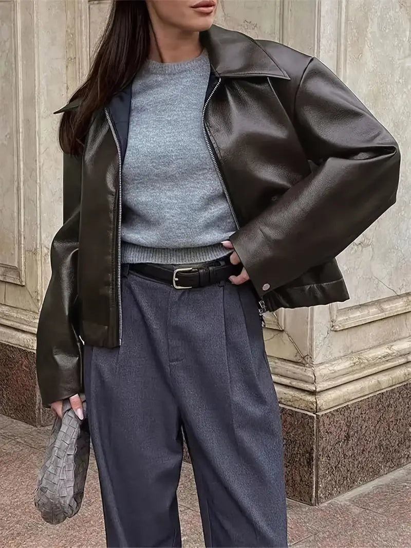 Oversized Leather Jacket with Zip Front and Elasticated Hem