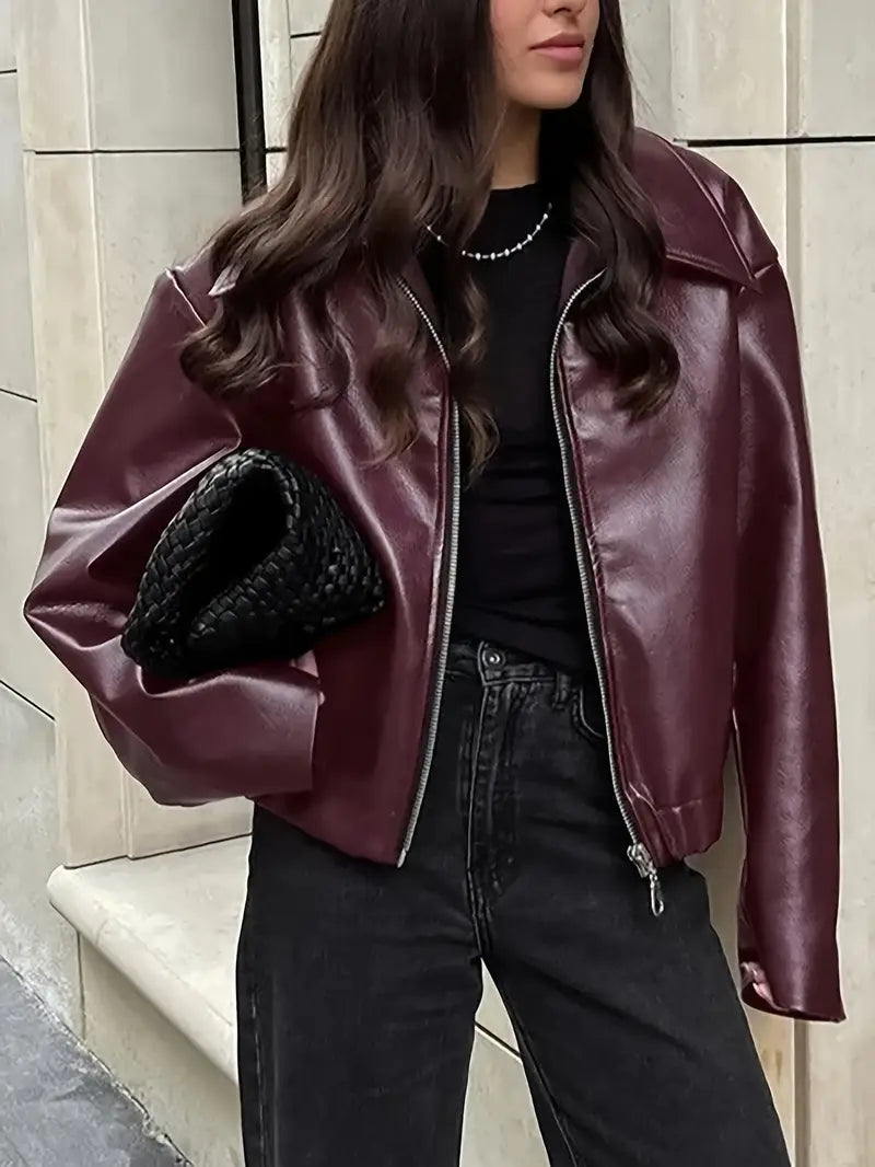Oversized Leather Jacket with Zip Front and Elasticated Hem