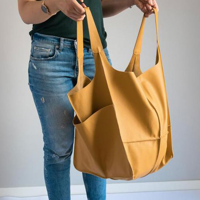 Oversized Leather Tote Bag with Front Patch Pockets