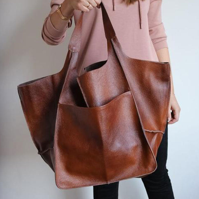 Oversized Leather Tote Bag with Front Patch Pockets