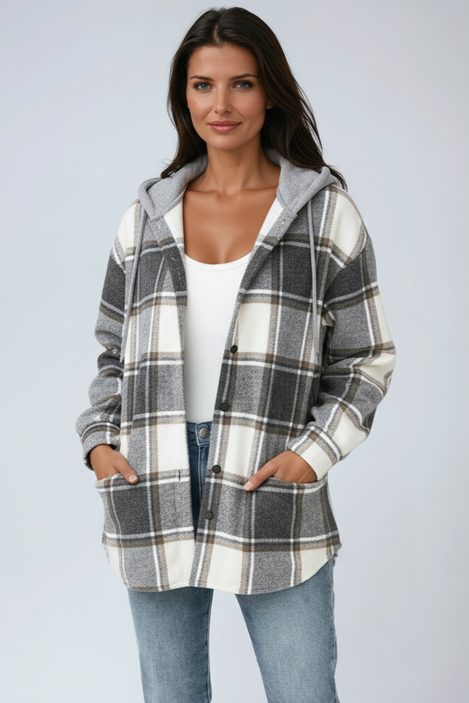 Oversized Plaid Shacket with Detachable Hood and Snap Buttons