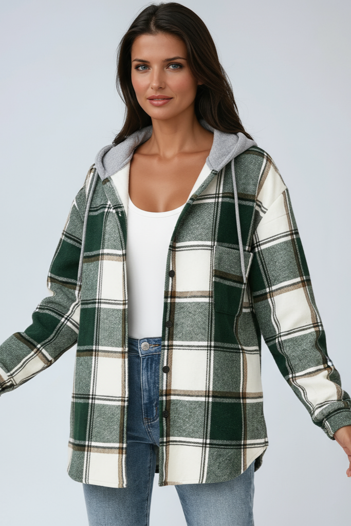 Oversized Plaid Shacket with Detachable Hood and Snap Buttons