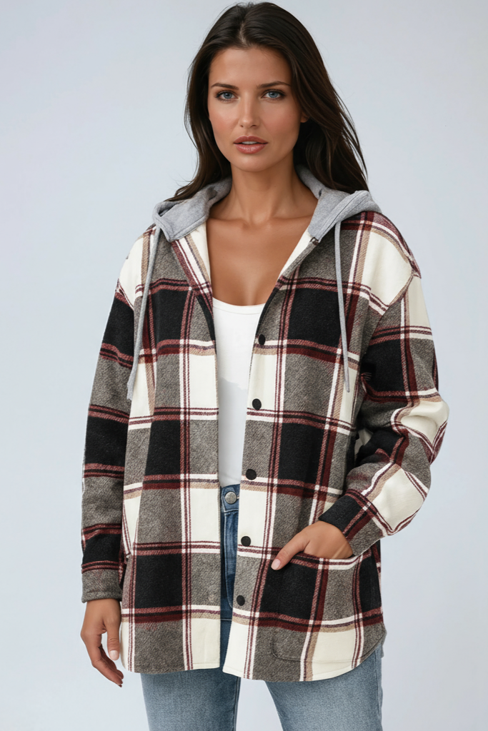 Oversized Plaid Shacket with Detachable Hood and Snap Buttons