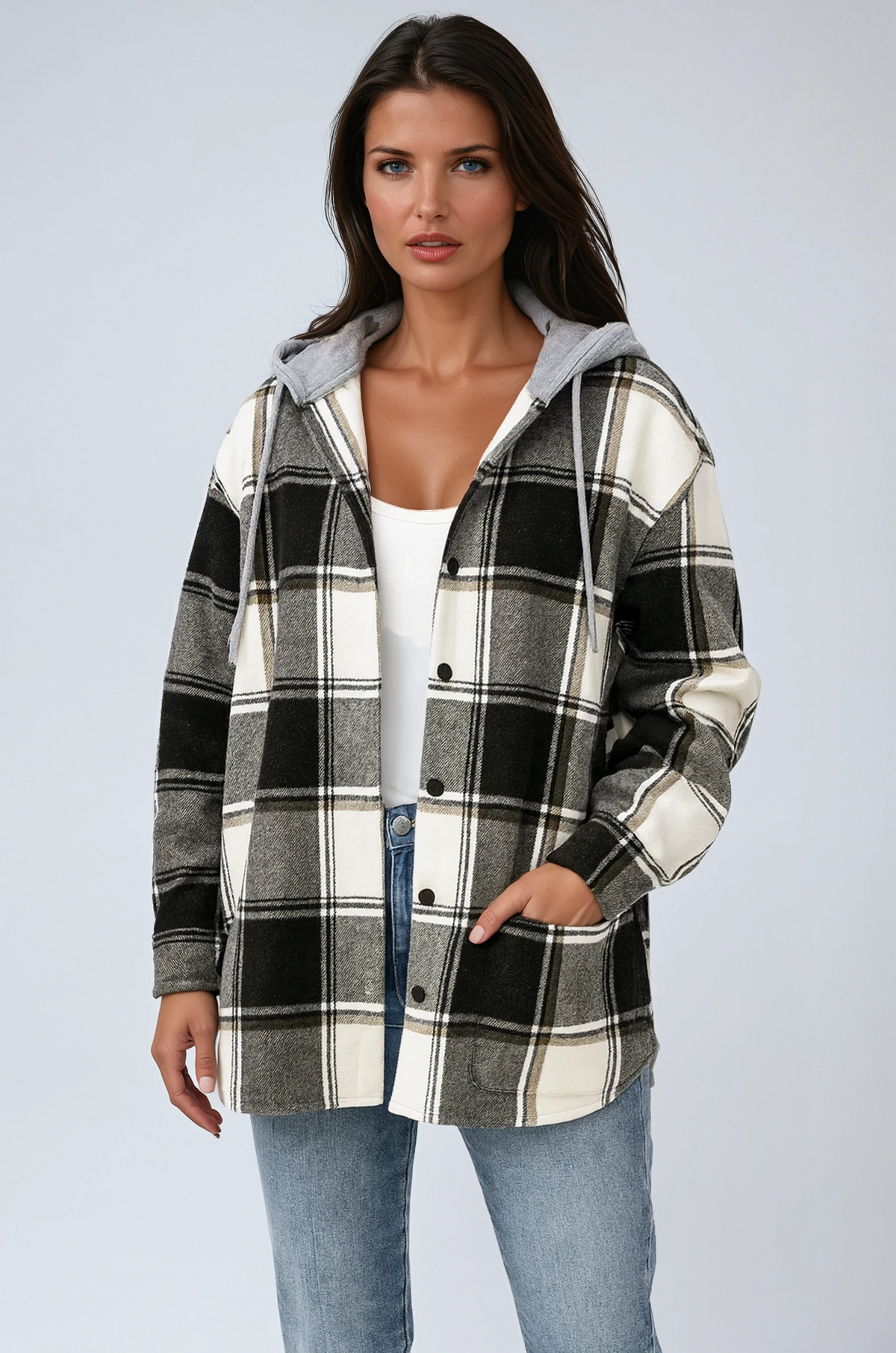 Oversized Plaid Shacket with Detachable Hood and Snap Buttons