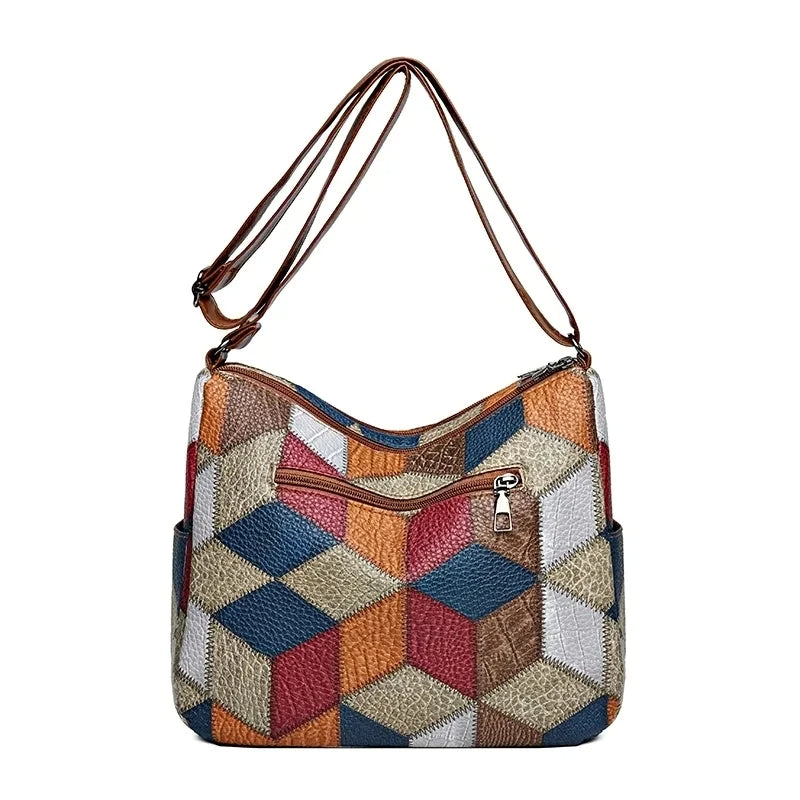 Patchwork Print Leather Shoulder Bag with Braided Trim Detail