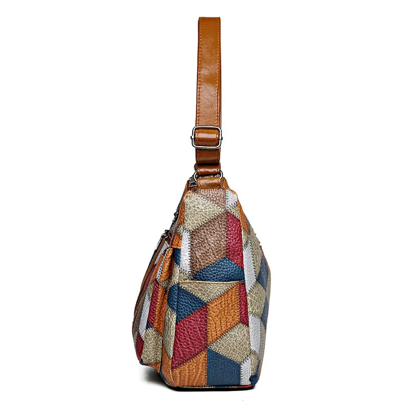 Patchwork Print Leather Shoulder Bag with Braided Trim Detail