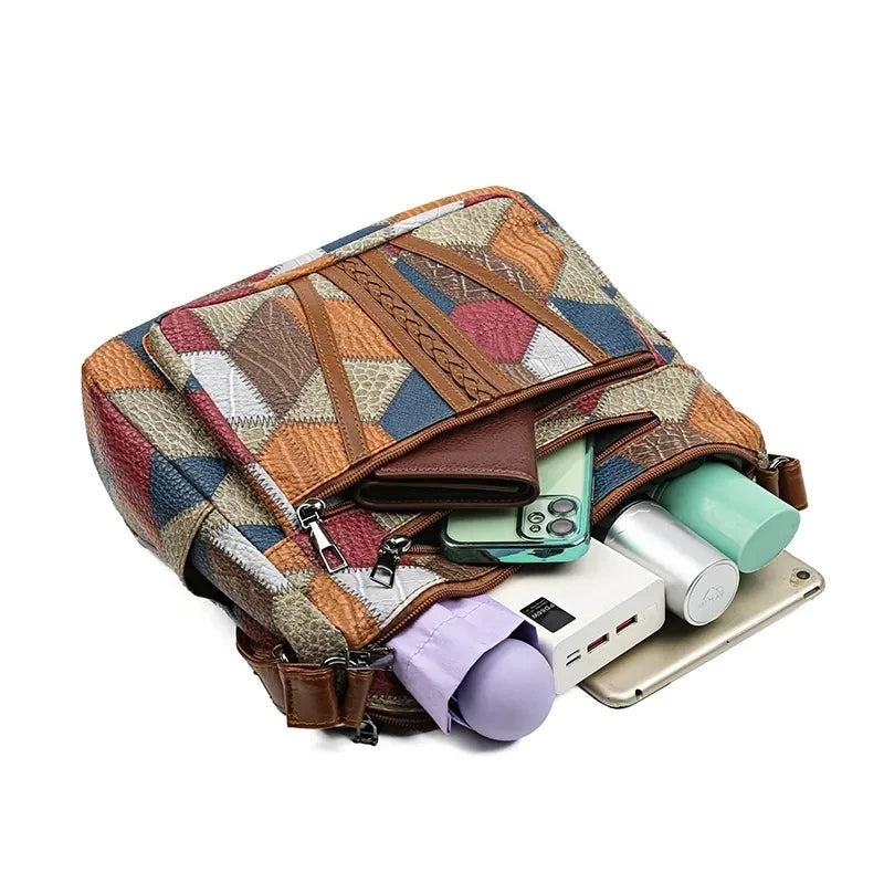 Patchwork Print Leather Shoulder Bag with Braided Trim Detail