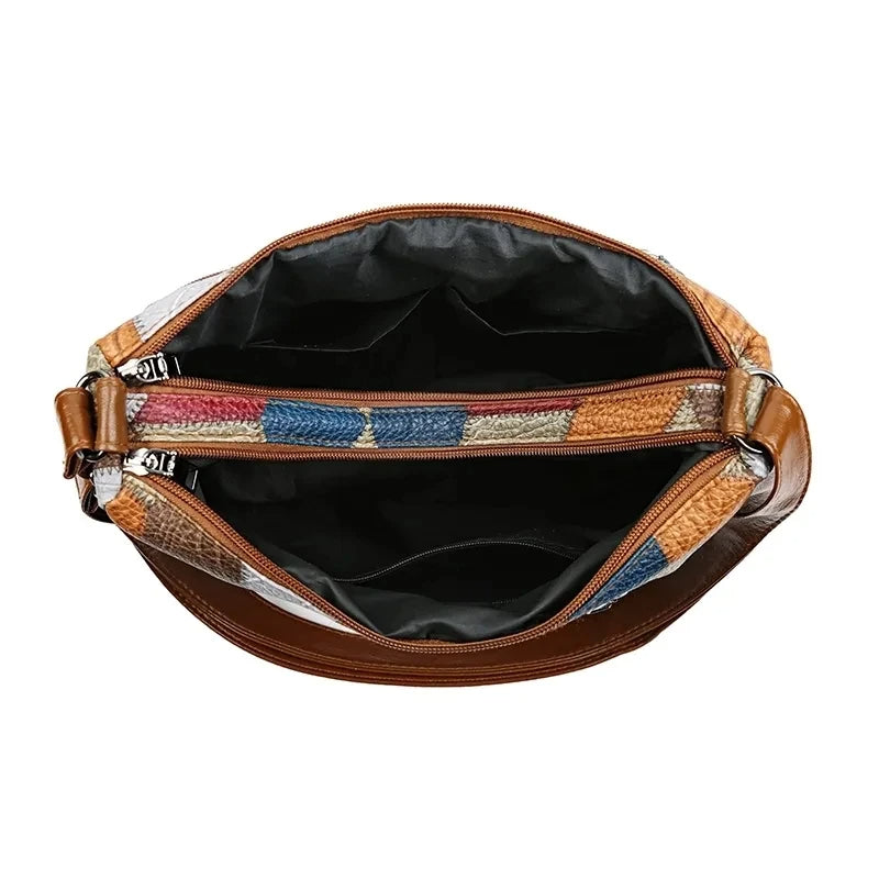 Patchwork Print Leather Shoulder Bag with Braided Trim Detail