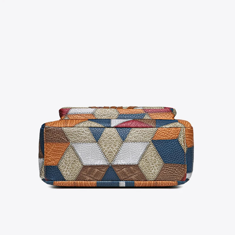 Patchwork Print Leather Shoulder Bag with Braided Trim Detail