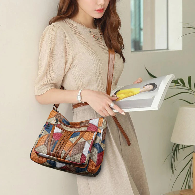 Patchwork Print Leather Shoulder Bag with Braided Trim Detail