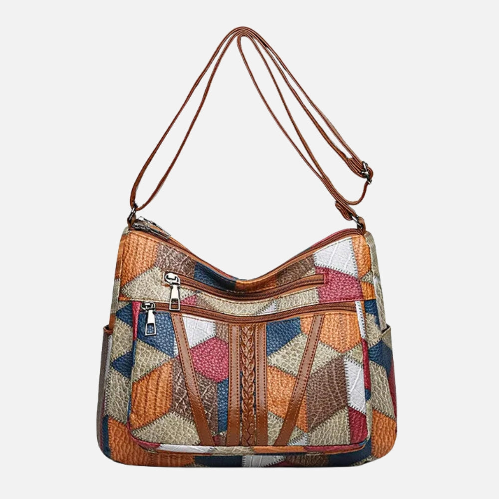 Patchwork Print Leather Shoulder Bag with Braided Trim Detail