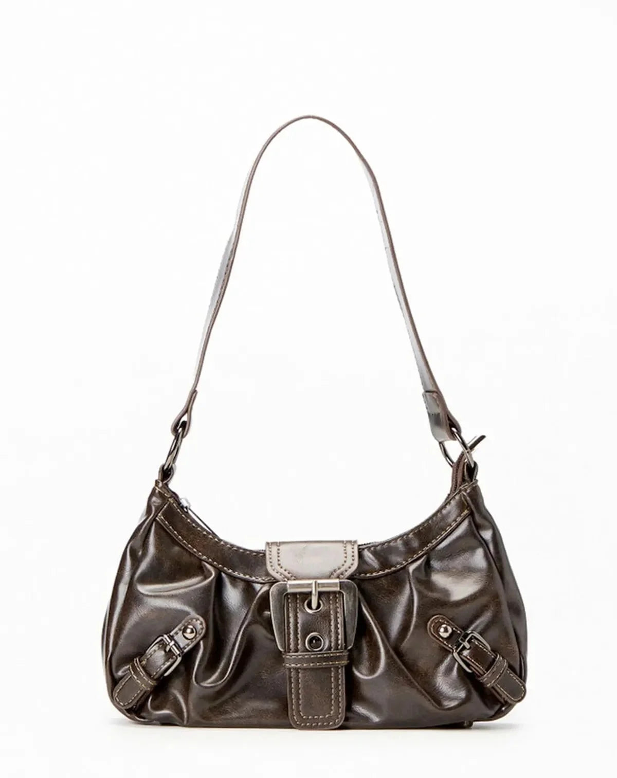 Patent Leather Shoulder Bag with Multi-Buckle Front Detail