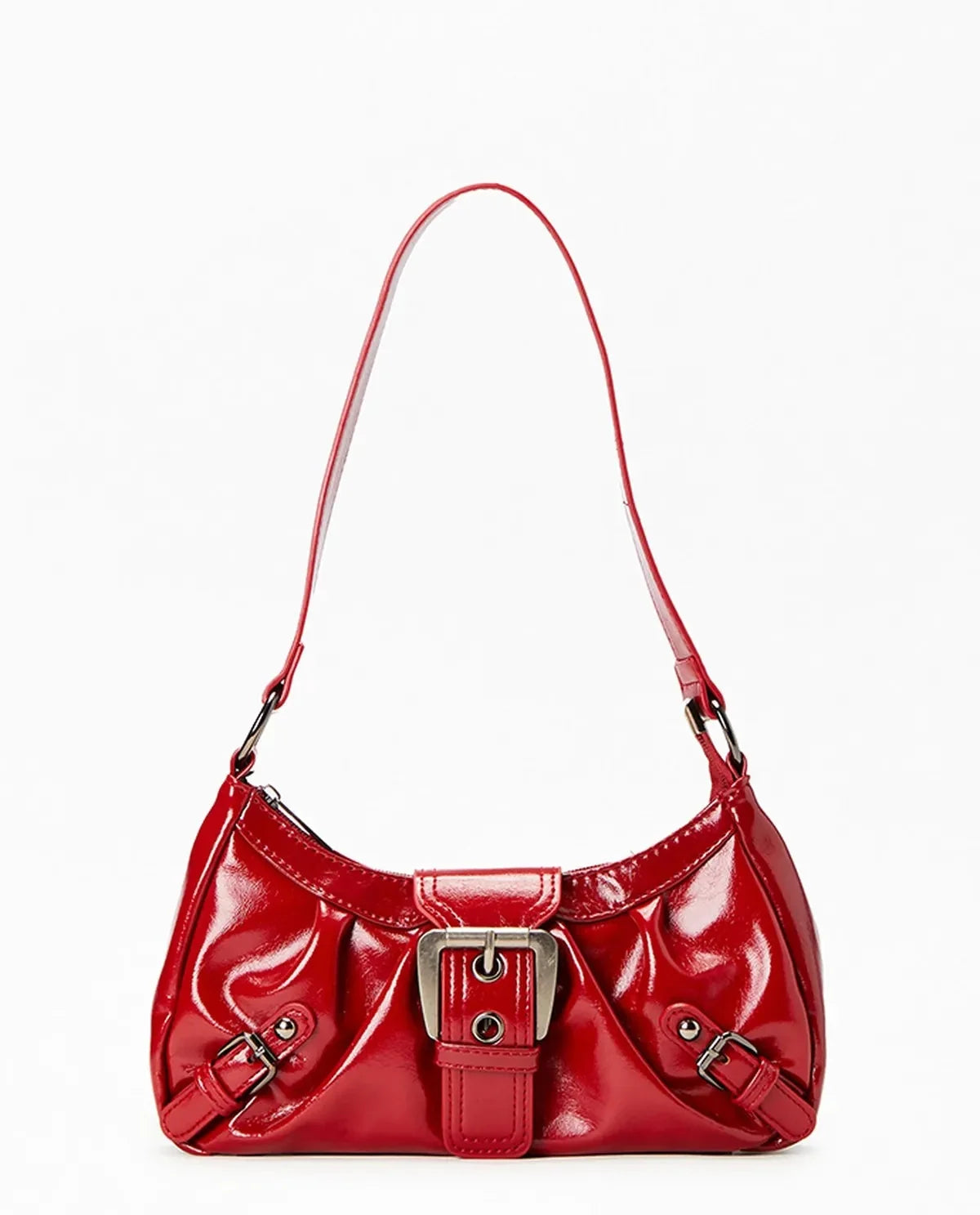 Patent Leather Shoulder Bag with Multi-Buckle Front Detail