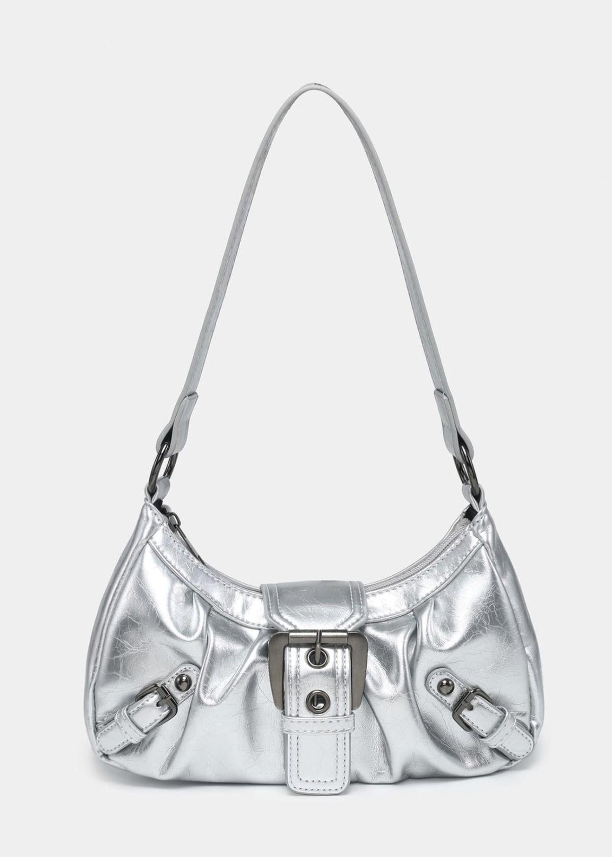 Patent Leather Shoulder Bag with Multi-Buckle Front Detail