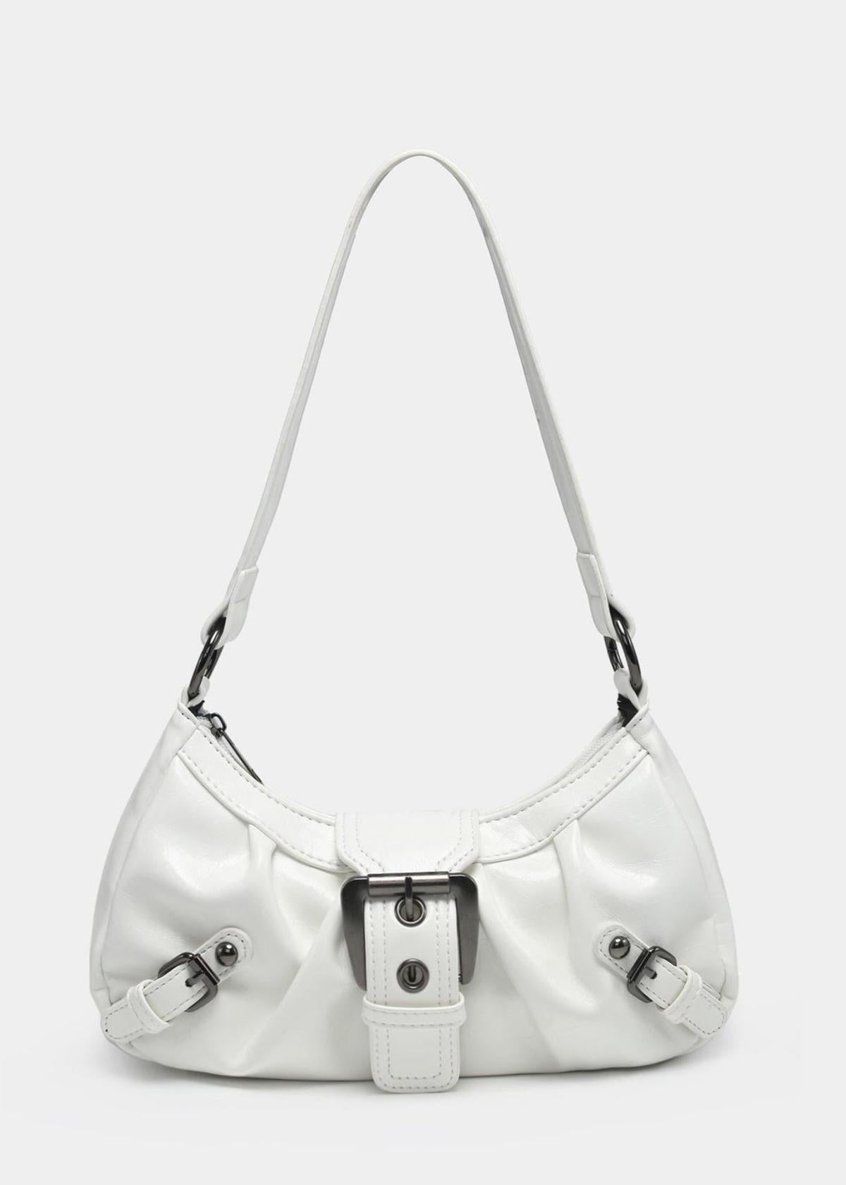 Patent Leather Shoulder Bag with Multi-Buckle Front Detail